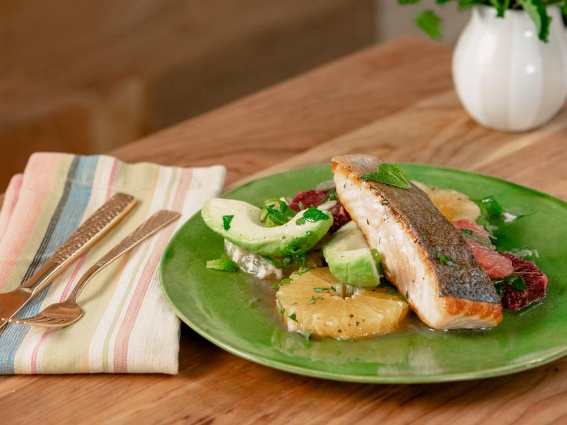 Justin Chapple features Crispy Salmon with Citrus and Avocado Salad, as seen on Food Network Kitchen Live.