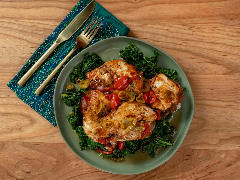 Justin Chapple features Pickled Pepper Chicken Saltimbocca with Wilted Greens, as seen on Food Network Kitchen Live.