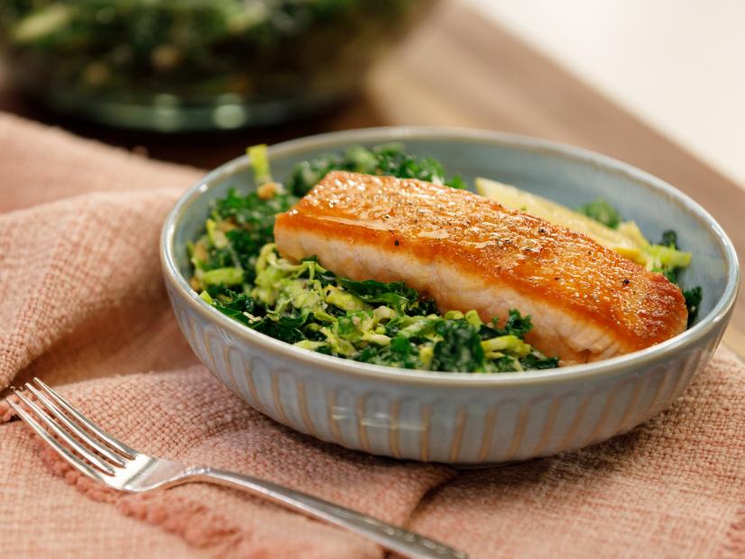 Kale and Brussels Sprout Caesar w/ Seared Salmon Beauty, as seen on Food Network Kitchen Live.