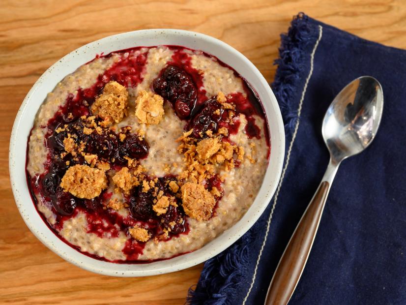 Oatmeal with Blueberry Sauce and Crumble Topping, as seen on Food Network Kitchen Live.