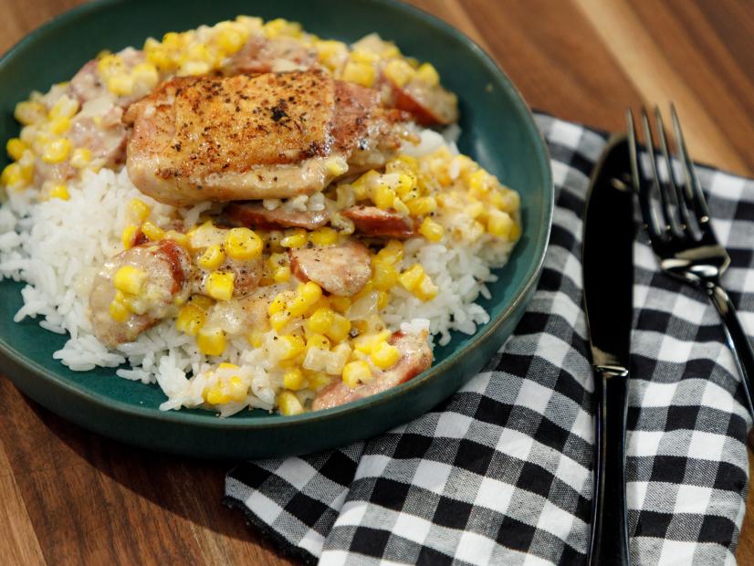 Crispy Chicken w/ Corn & Sausage beauty, as seen on Food Network Kitchen Live.