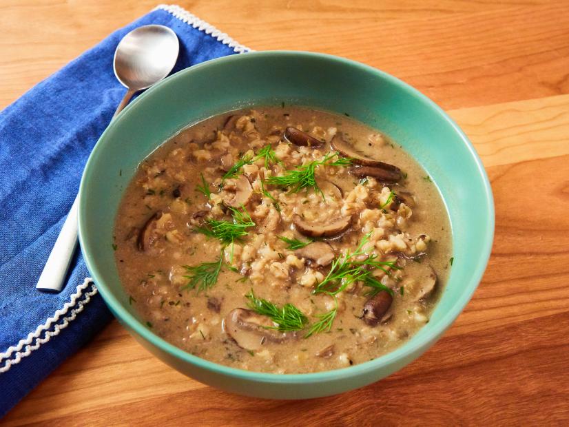 Cream of Wild Mushroom and Barley Soup, as seen on Food Network Kitchen Live.