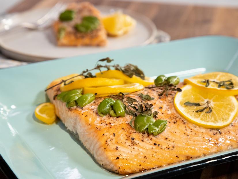 Baked Salmon with Meyer Lemon, Olives, and Oregano beauty, as seen on Food Network Kitchen Live.