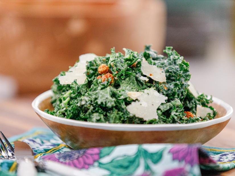 Kale Caesar Salad w/ Smoked Chickpea Croutons beauty, as seen on Food Network Kitchen Live.
