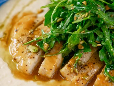 Apricot Chicken with White Bean Puree and Arugula