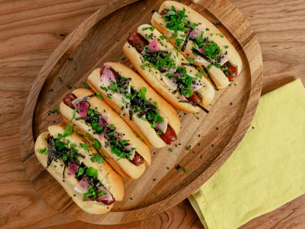 Miso Hot Dog With Watermelon Radish Sesame Seeds And Nori Recipe Elena Besser Food Network