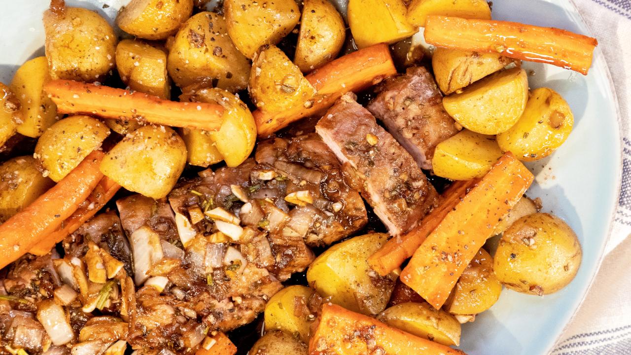 Sheet Pan Roasted Garlic Balsamic Pork Tenderloin with Potatoes and Carrots