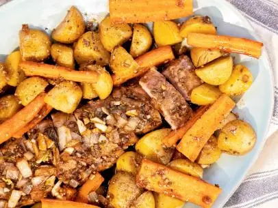 Sheet Pan Roasted Garlic-Balsamic Pork Tenderloin w/ Potatoes and Carrots beauty, as seen on Food Network Kitchen Live.