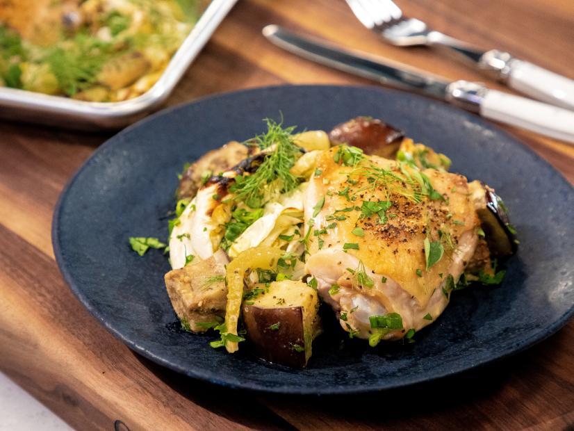 Keto Sheet Pan Chicken with Cabbage, Fennel and Eggplant beauty, as seen on Food Network Kitchen Live.