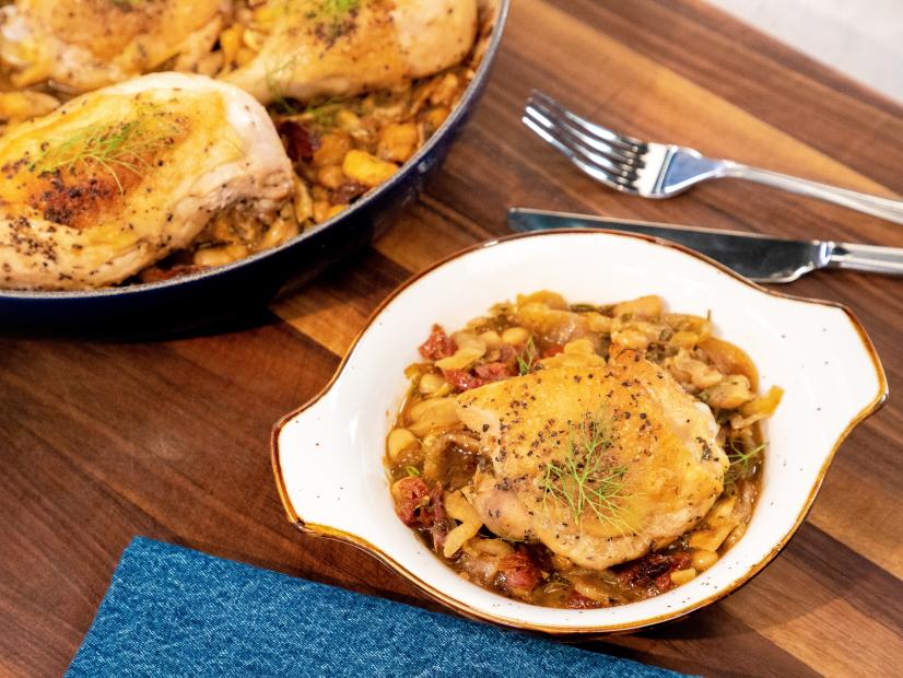 One Pan Roasted Chicken w/ Sun Dried Tomatoes, Fennel and White Beans beauty, as seen on Food Network Kitchen Live.