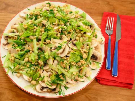 Button Mushroom Carpaccio with Celery and Hazelnuts