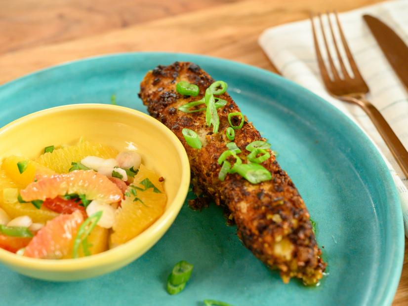 Pistachio-Crusted White Fish with Winter Citrus Salsa, as seen on Food Network Kitchen Live.