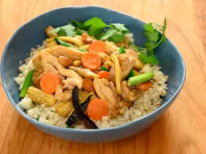 Thai Cashew Chicken with Cauliflower Rice, as seen on Food Network Kitchen Live.