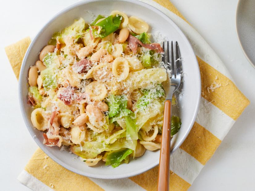 Mark Bittman's White Bean with Cabbage Pasta and Prosciutto, as seen on Food Network Kitchen.