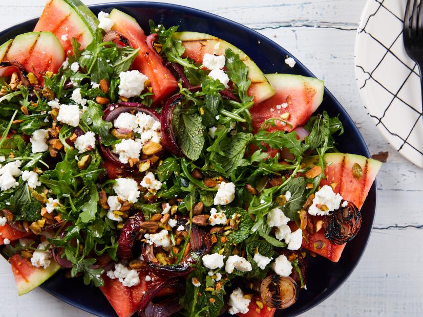 James Briscione's Watermelon w Grilled Red Onions Mint Leaves Crumbled Feta, as seen on Food Network Kitchen.