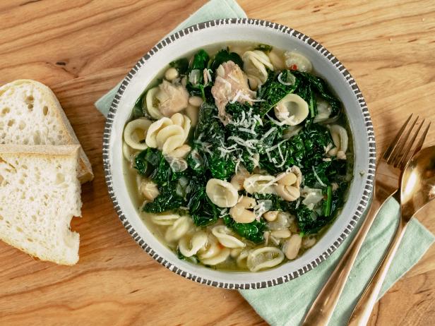 Brothy Pasta With White Beans Tuna And Kale Recipe Justin Chapple Food Network