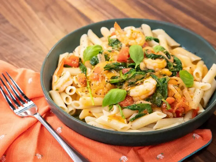 GF Garlic Shrimp Pasta w/ Spicy Tomato Sauce beauty, as seen on Food Network Kitchen Live.