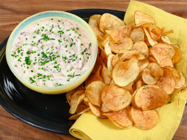 Homemade rosemary potato chips with charred onion dip, as seen on Food Network Kitchen Live.