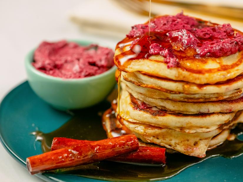 Bobby Flay Buttermilk Pancakes with Blackberry-Blueberry Butter and Cinnamon Maple Syrup, as seen on Food Network Kitchen Live.
