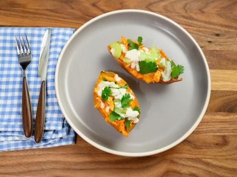 Buffalo Chicken Twice-Cooked Sweet Potatoes
