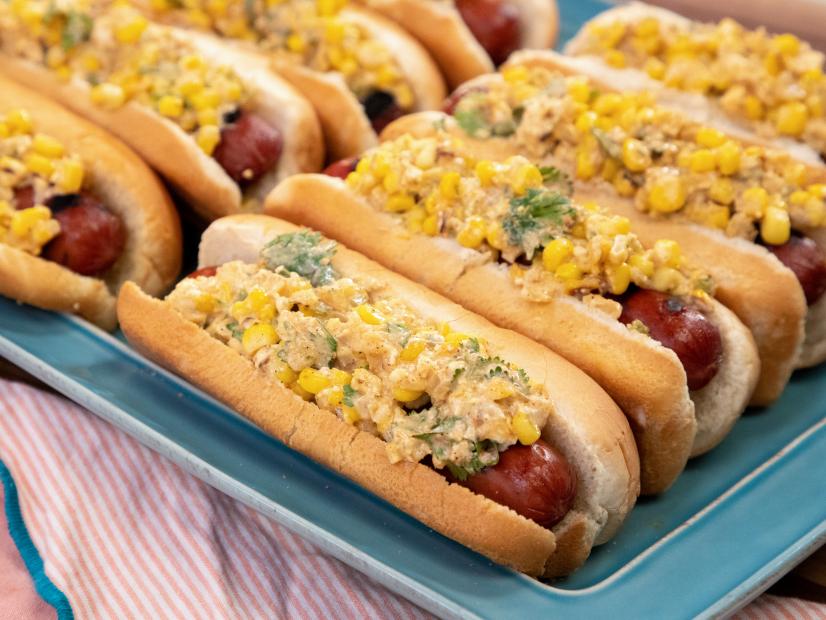 Hot Dogs with Charred, Cheesy, Chili Lime Corn Topping beauty, as seen on Food Network Kitchen Live.