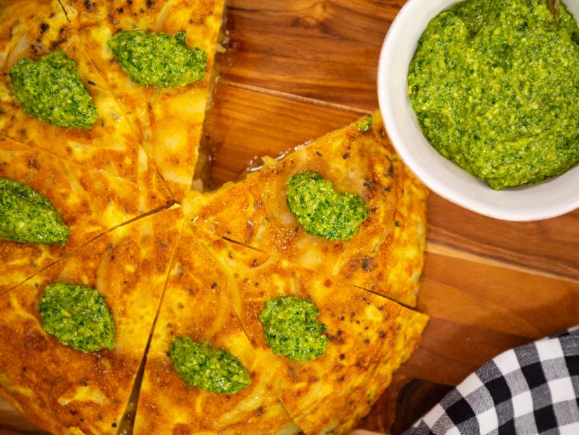 Classic Spanish Tortilla with Roasted Jalapeño Pesto beauty, as seen on Food Network Kitchen Live.