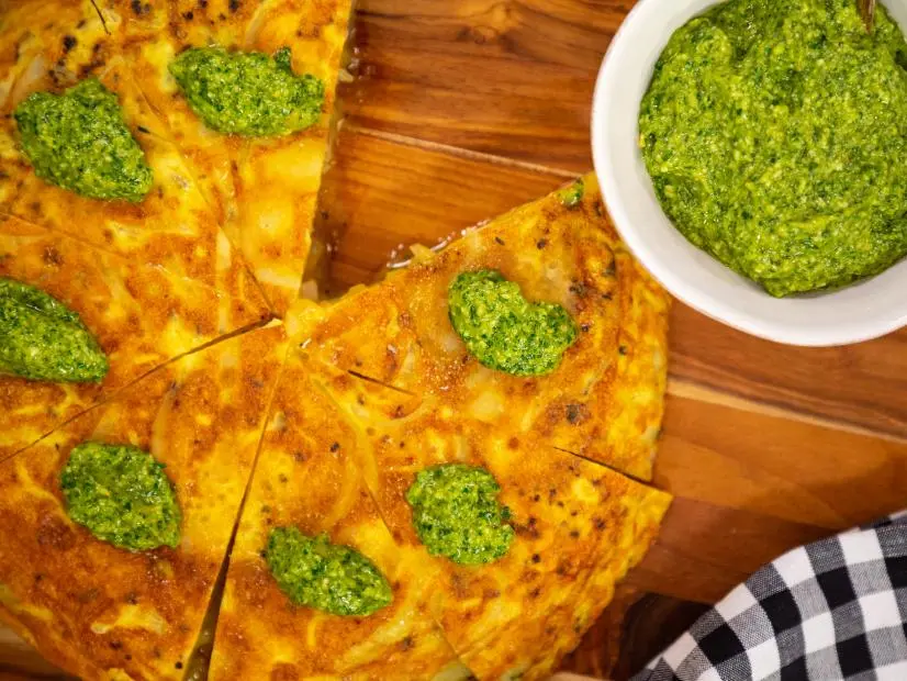 Classic Spanish Tortilla with Roasted Jalapeño Pesto beauty, as seen on Food Network Kitchen Live.