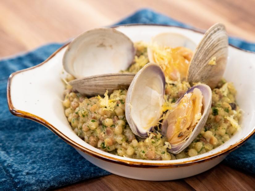 Fregola with Clams and Lemon Parsley Walnut Pesto beauty, as seen on Food Network Kitchen Live.