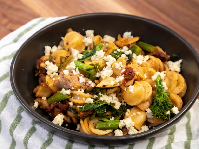 Orecchiette with Italian Sausage, White Beans, Pine Nuts, Sun Dried Tomato and Broccoli Rabe beauty, as seen on Food Network Kitchen Live.