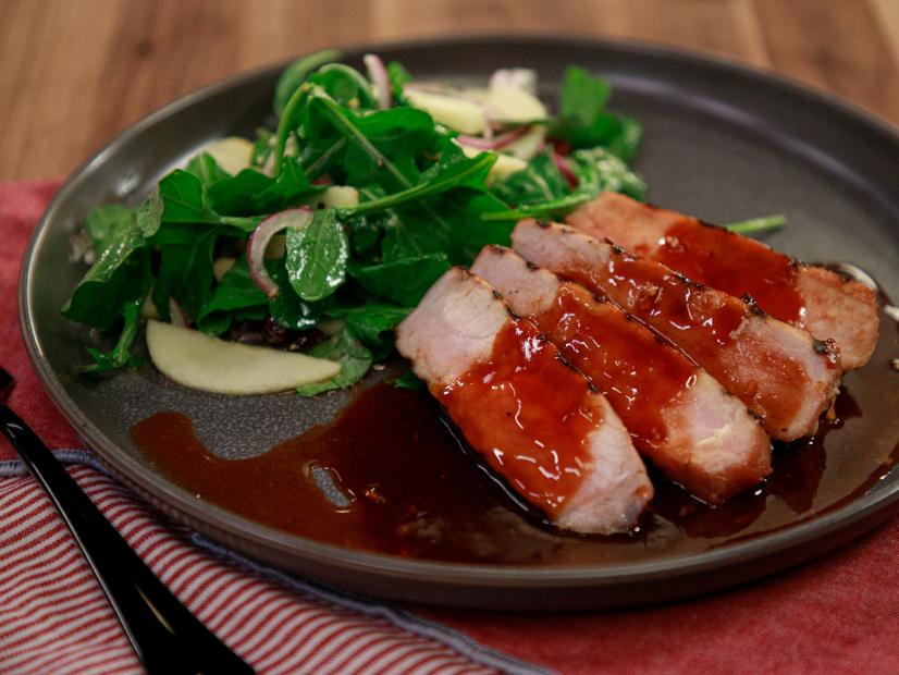 Cantonese Sweet and Sticky BBQ Pork Chops with Apple and Arugula Salad beauty, as seen on Food Network Kitchen Live.