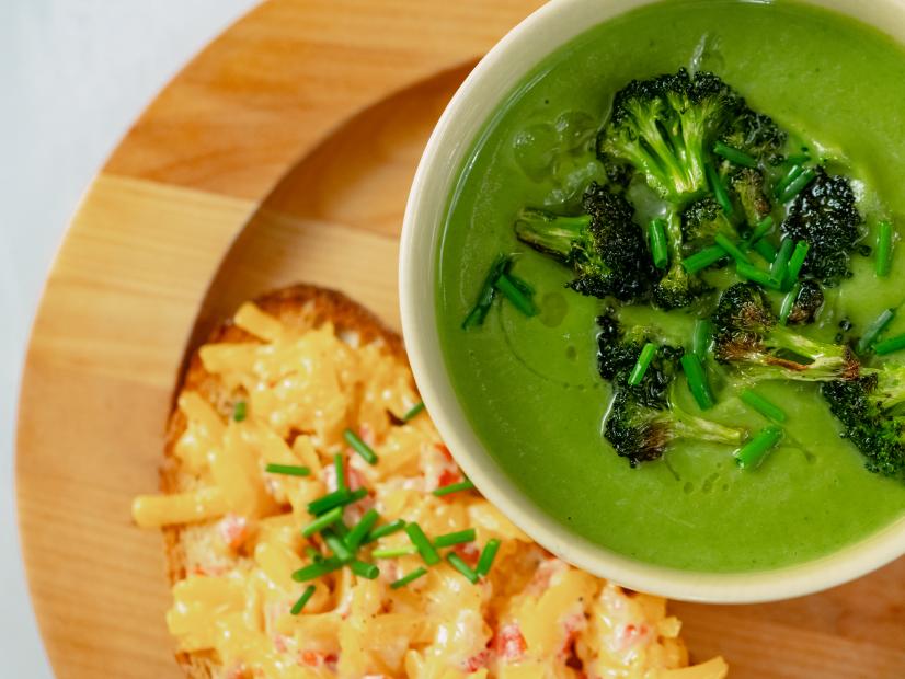 Justin Chapple features Silky Broccoli Soup with Pimento Cheese Tartines, as seen on Food Network Kitchen Live.