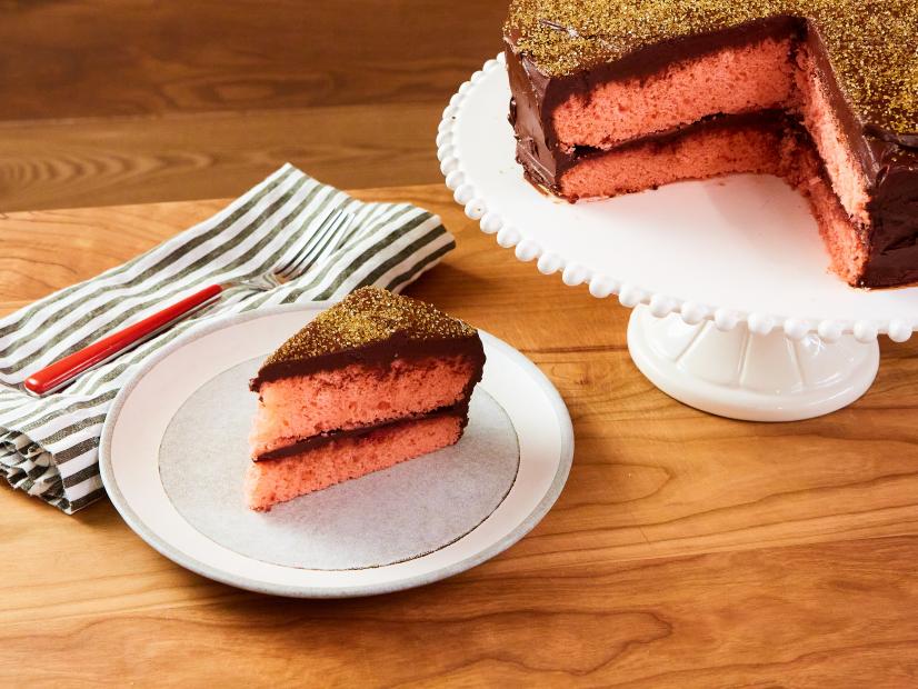 Pink Prosecco Cake with Chocolate Truffle Frosting, as seen on Food Network Kitchen Live.