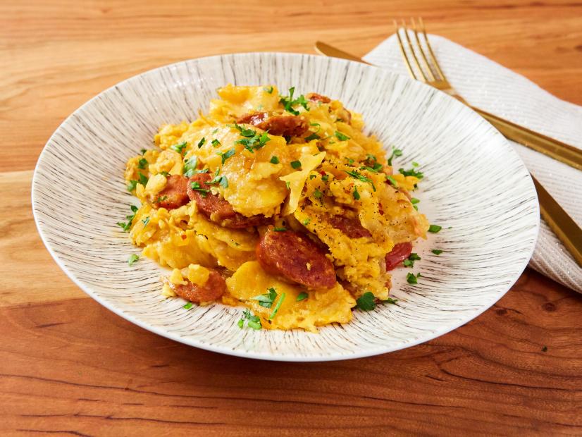 Alejandro Ramos, features Potato Chip Scrambled Eggs with chorizo, as seen on Food Network Kitchen Live.