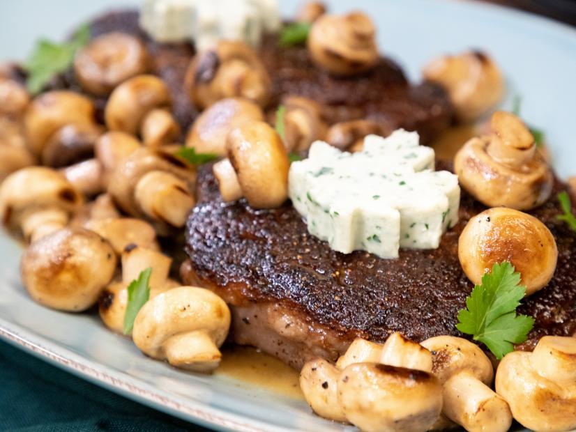 Sunday Rib Eye Steak with Blue Cheese Butter, Mushrooms and Sherry, as seen on Food Network Kitchen Live.