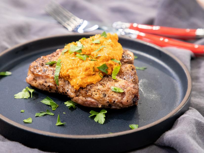 Brown Butter Pork Chops with Walnut Romesco Sauce beauty, as seen on Food Network Kitchen Live.