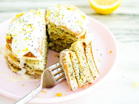 Lemon-Poppy Seed Pancakes with Honey and Lemon Creme Fraiche