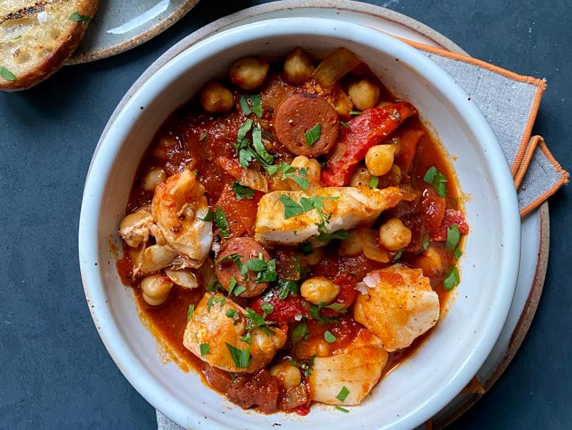Cod and Chorizo Stew with Grilled Garlic Bread Recipe Justin Chapple