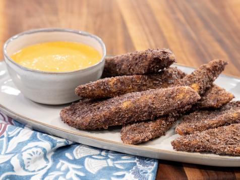 Blue Corn Chip-Crusted Fish Sticks with Red Pepper Coulis