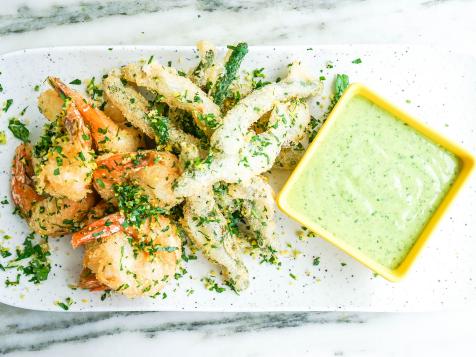Tempura-Fried Green Beans and Shrimp with Gremolata and Lemon-Parsley Aioli