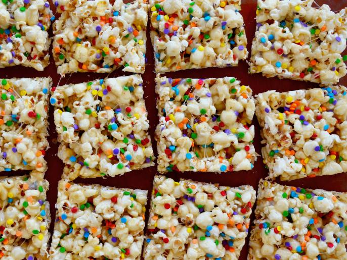 Rainbow Confetti Marshmallow Popcorn Treats Recipe | Kelly Senyei ...