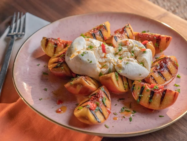 Burrata with Grilled Peaches as seen on Valerie's Home Cooking, DTC 01.