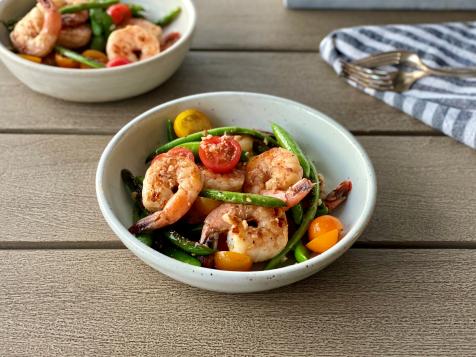 Blistered Green Bean Salad with Shrimp and Toasted Garlic Dressing