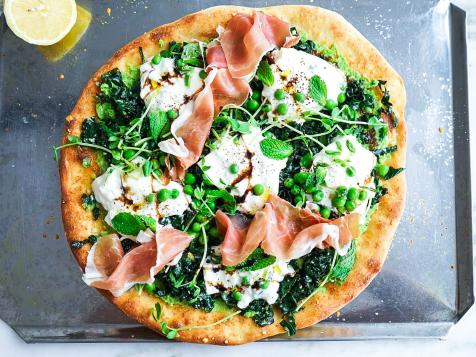 Burrata Flatbread with Garlicky Greens, Peas and Prosciutto
