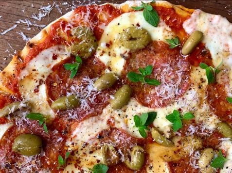 Grilled Pizza with Olives, Salami and Honey