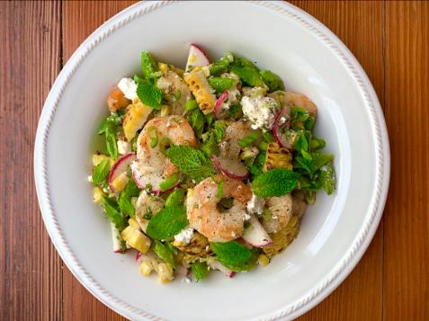 Grilled Shrimp, Corn and Snap Pea Salad with Feta