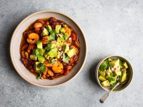 Spiced Prawns with Mexican Bean Stew & Avocado Salsa