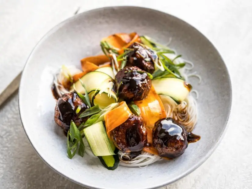 Glossy Soy Turkey Meatballs with Rice Noodle Salad Recipe Donal