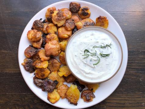 Salt and Vinegar Smashed Potatoes with Herbed Yogurt Dip