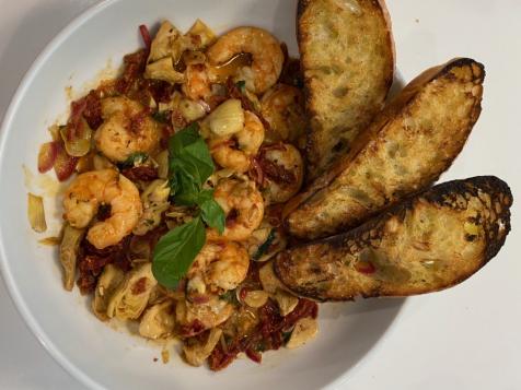 Sauteed Shrimp with Sun-Dried Tomatoes, Artichokes, Lemon and Basil