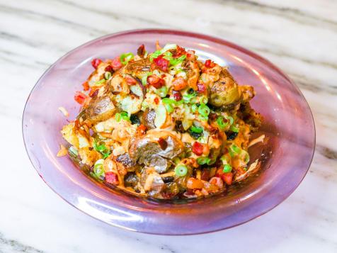 Crispy Smashed Potatoes with Sriracha Mayo, Pancetta and Scallions